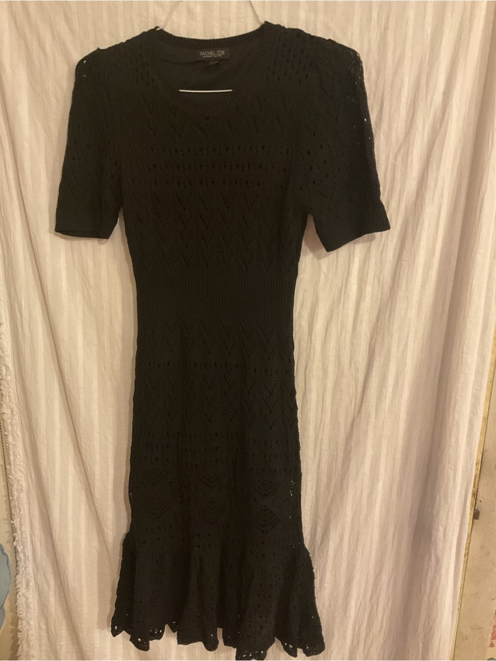 Rachel Zoe M. Elegant Black Openwork Knit Midi Dress Crochet Ruffled Hem Stretch
